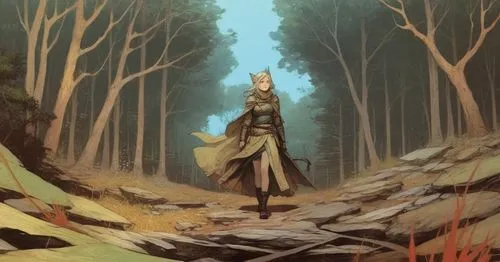 a painting of a girl walking through the woods,in the forest,konoe,forest walk,forest,the forest,forest path,elven forest,wander,alfheim,forest background,dryad,ballerina in the woods,mirkwood,vestal,