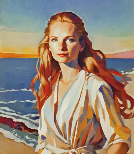 Portrait of a young woman with long flowing hair against the background of a sea sunset in sunny weather. Made in the style of rich oil painting.,maureen o'hara - female,the sea maid,aegean,girl on th