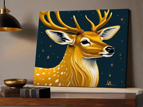 Golden Deer Painting Wall Art - Lala Lamps Store,deer illustration,dotted deer,gold deer,deer drawing,deer in tears,deer,winter deer,christmas deer,young-deer,male deer,european deer,stag,pere davids 