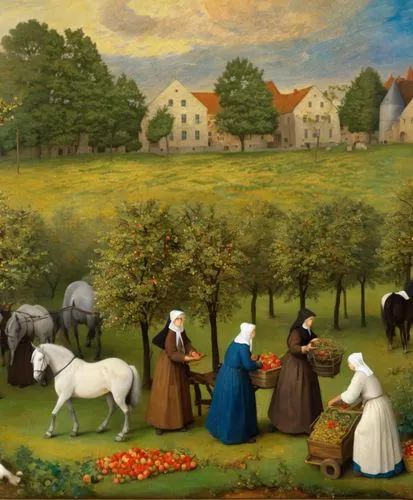 (view from above as in the paintings of Pieter Bruegel, small figures of Catholic nuns in Breton bonnets and kerchiefs, light brown robes and dark brown dresses are picking apples from the trees, next