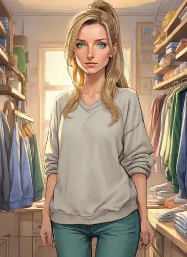 evening sunset, long shoulderlong hair, flaxen blond, hazel-emerald eyes, loose ponytail, casual wide long pullover, natural anatomy, loose fit denim 501 jeans, doing chores in household, medium small