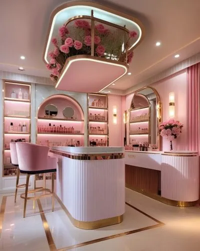 well-stocked luxury makeup store interior of beauty salon pleasant atmosphere excellent luxury lighting delicious aroma in it counters with shadows and makeup, mirrors with lights and hairdressing cha