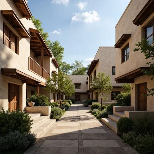 Traditional village setting, rustic buildings, natural ventilation systems, operable windows, clerestory roofs, wind towers, shading devices, overhangs, awnings, earthy materials, stucco walls, wooden