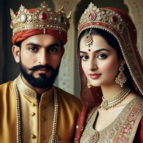 mughal king and queen,an indian couple with gold and red attire,sabyasachi,maharajas,rajput,padmavati,beautiful couple,mastani