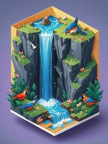 A trading card with a waterfall and birds drawn,water fall,waterfall,a small waterfall,wishing well,water falls,greywater,water resources,waterfalls,microworlds,isometric,water flow,acquarium,water fl