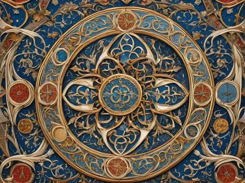 circular ornament,motifs of blue stars,quatrefoils,floral ornament,motifs,ornamentation,Illustration,Realistic Fantasy,Realistic Fantasy 42