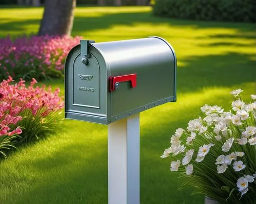 Modern mailbox, sleek metal body, silver color, minimalist design, rectangular shape, flat top, curved edges, mounted on a white stone pedestal, surrounded by lush green grass, vibrant flowers bloomin