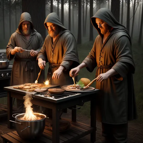 monks,dwarf cookin,outdoor cooking,three wise men,the three wise men,druids,cookery,cooks,the three magi,barbecue,campfires,digital compositing,cooking,three kings,wise men,nomads,chefs,campers,last s