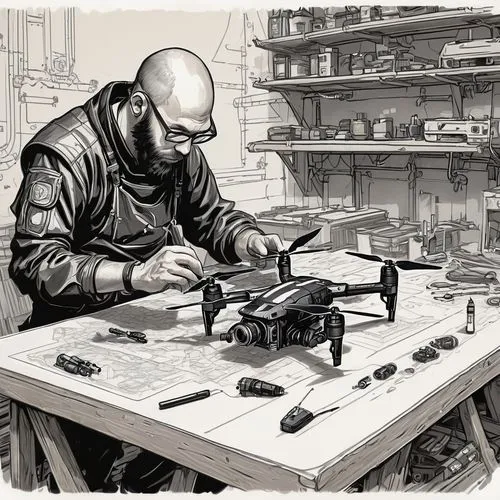 a technician assembles a drone, a man sits at a table, drone part on table, a drone stands on a table, computers, soldering iron parts of drones ink illustration on parchment, russian ink drawing, bla