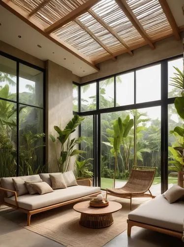 sunroom,bamboo curtain,conservatories,conservatory,bamboo plants,interior modern design,tropical house,luxury home interior,contemporary decor,modern living room,roof landscape,home interior,living room,japanese-style room,sitting room,modern decor,wooden windows,glass roof,beautiful home,livingroom,Illustration,Realistic Fantasy,Realistic Fantasy 35