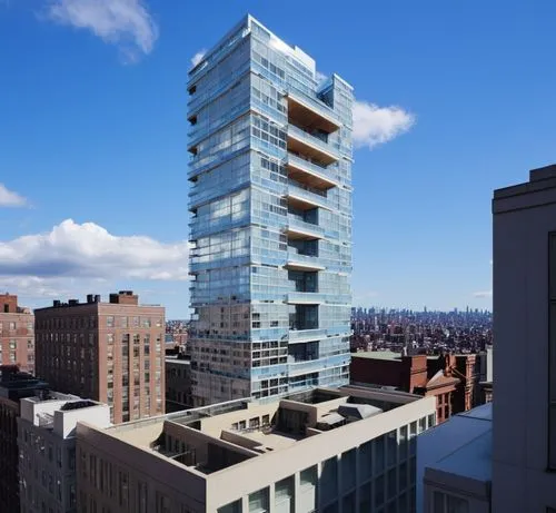 “Create an image of a strikingly modern residential skyscraper inspired by 56 Leonard Street in New York City. The building has a stacked, irregular design where each floor seems to be offset, giving 