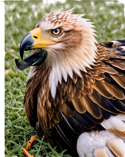 Dead eagle, majestic wings spread wide, sharp talons curled up, golden brown feathers ruffled, pale beak open, glassy eyes, serene facial expression, lying on grass, subtle shadows, warm afternoon lig