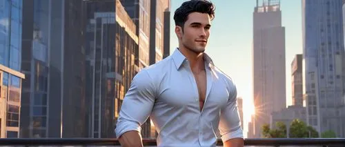 Muscular man, roguishly handsome, charming smile, sharp jawline, piercing blue eyes, messy black hair, slight beard, dimpled chin, white dress shirt, black slim fit trousers, silver cufflinks, leather