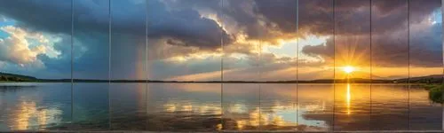 雨后初霁,a large body of water with clouds and sun,reflectional,mirror reflection,water mirror,sun reflection,incredible sunset over the lake,windows wallpaper,Photography,General,Realistic