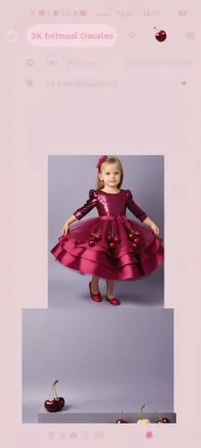 3/3D drawing of satin dress for kids.the blouse is burgundy sequin 
The dress with three layers.first layer is light fuchsia with cherries drawn on it with strass and sequin.second layer is light burg