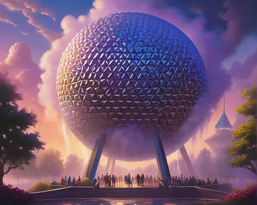 Imagine a mysterious fog engulfing the Epcot ball, transforming it into an otherworldly portal to a parallel dimension. Write a scene of someone entering this portal.,epcot ball,epcot spaceship earth,