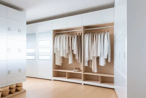 the room is all white with a couple coats hanging in front of it,walk-in closet,wardrobes,closets,wardrobe,closet,mudroom,Photography,General,Realistic