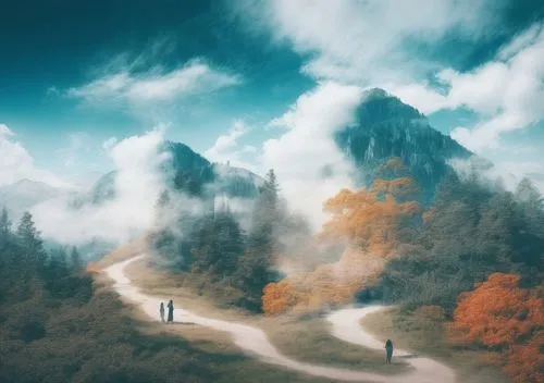 landscape background,the mystical path,fantasy landscape,photomanipulation,fantasy picture,mountain road,photo manipulation,autumn mountains,world digital painting,fall from the clouds,mountain scene,