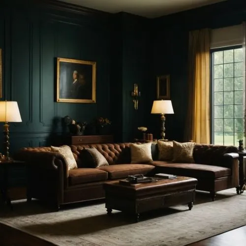 living room colonial style,the living room has dark green paint, walls and furnishings,furnishings,sitting room,biedermeier,sofa set,danish room,minotti