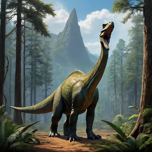 tranquilizer arrows, brontosaurus, dinosaur, prehistoric creature, large scale, thick skin texture, massive tail, long neck, herbivore, forest environment, natural habitat, tranquilizing process, aimi