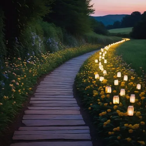 luminarias,pathway,tea lights,lanterns,candlelights,fireflies,candle light,luminaries,fairy lanterns,angel lanterns,field of flowers,candlelight,tealights,walkway,romantic night,luminaria,the mystical path,flower field,flowers field,wooden path,Illustration,Paper based,Paper Based 21