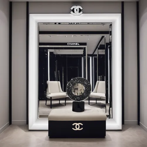 In a trendy boutique, a chanel mirror becomes a favorite selfie spot.,chanel,luxury accessories,revolving door,luxury bathroom,vitrine,luxury home interior,luxury items,versace,luxury,cartier,jewelry 