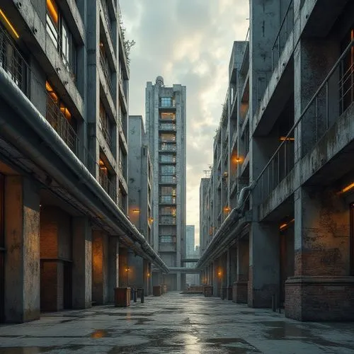 Geometric concrete forms, metallic grids, industrial pipes, distressed wood accents, exposed brick walls, brutalist architecture, urban cityscape, moody cloudy sky, dramatic warm lighting, high-contra