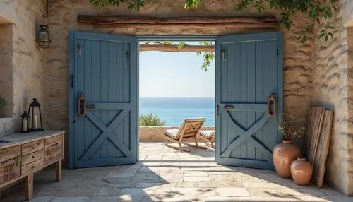 Navy blue accents, sandy stone walls, rustic wooden doors, coastal beachside setting, serene ocean views, driftwood furniture, nautical rope details, weathered metal lanterns, natural linen fabrics, e