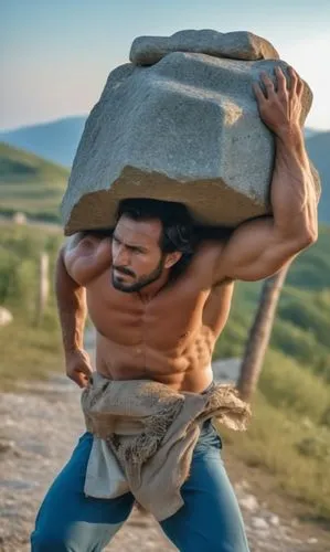 a man carries a heavy stone on his back, he wears shirt and trousers,a man in a blue pants carrying a large rock over his head,lagaan,ferrigato,nudelman,sandbag,manganiello,kabbara,Photography,General