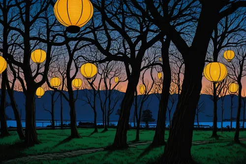 lanterns,japanese paper lanterns,fairy lanterns,chinese lanterns,night scene,landscape lighting,street lamps,fireflies,lampion,angel lanterns,lantern string,david bates,chinese lantern,cartoon forest,lampshades,vincent van gough,hanging lantern,halloween bare trees,tree lights,street lights,Illustration,Black and White,Black and White 18