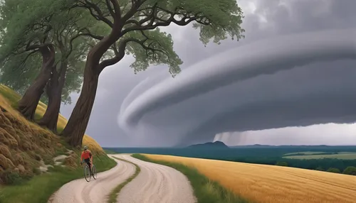 shelf cloud,world digital painting,thundercloud,tornado,tornado drum,nature's wrath,thunderhead,thunderclouds,mushroom landscape,atmospheric phenomenon,thunderstorm,fantasy picture,artistic cycling,a thunderstorm cell,raincloud,wind shear,storm clouds,rain cloud,meteorological phenomenon,whirlwind,Illustration,Retro,Retro 08