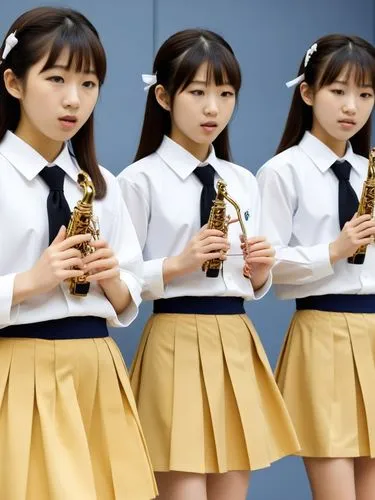 Japanese schoolgirls making music.,three girls dressed in school uniforms are holding musical instruments,handbells,gda,daesang,handbell,award background,adumin