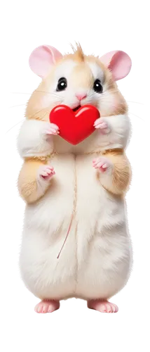 Cute hamster, teddy bear costume, white fur, pink nose, tiny paws, whiskers, big round eyes, standing on hind legs, holding heart-shaped sign, soft toy-like texture, pastel color tone, warm lighting, 