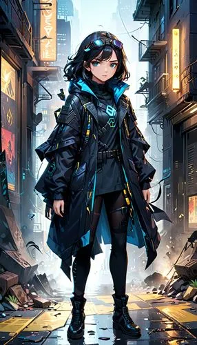 cyberpunk,sci fiction illustration,rain suit,vax figure,raven rook,parka,dwarf,adventurer,little girl in wind,ursa,policewoman,game illustration,aqua,cg artwork,harajuku,uruburu,winterblueher,anime japanese clothing,kid hero,officer,Anime,Anime,General