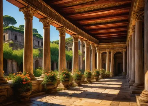 colonnades,peristyle,loggia,temple of diana,glyptothek,colonnade,roman columns,eternal city,cloister,villa d'este,pillars,ancient rome,orangerie,porticoes,cortile,rome,villa borghese,fiesole,columns,pergola,Illustration,Realistic Fantasy,Realistic Fantasy 03