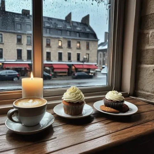 A cozy cafe，the table with coffee ，cupcake，candle and book in front on window，The window outside is of Montreal view，rainy day，old buildings，natural light，romantic in the style of various artists --ch