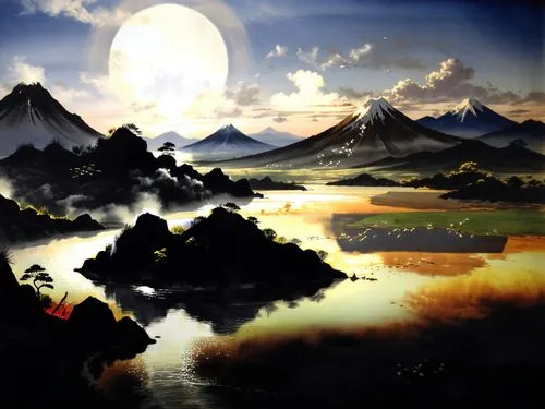 a painting with a full moon above it,fantasy landscape,world digital painting,landscape background,beleriand,alfheim,cartoon video game background,Illustration,Paper based,Paper Based 30