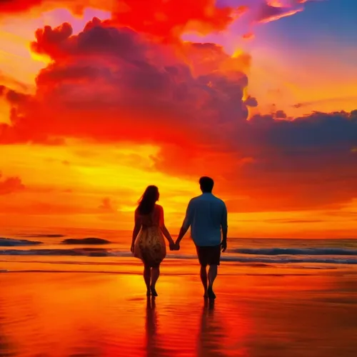 couple walking on a beach at sunset with orange sky,loving couple sunrise,couple silhouette,romantic scene,vintage couple silhouette,walk on the beach,love couple