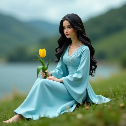 beautiful girl with flowers,female doll,celtic woman,ao dai,blue rose,holding flowers