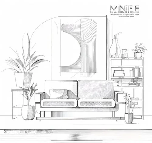 a couch in a living room with various plants,minotti,minae,melamine,minima,milieu,mono-line line art,Design Sketch,Design Sketch,Hand-drawn Line Art