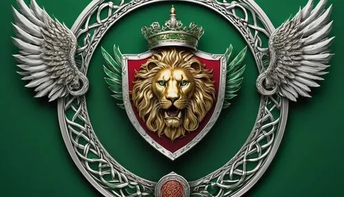 Noble family crest, golden shield, silver trim, crimson mantle, ornate helmet, regal lion, majestic wings, proud stance, emerald green background, intricate design, Celtic knot patterns, bold font, sh