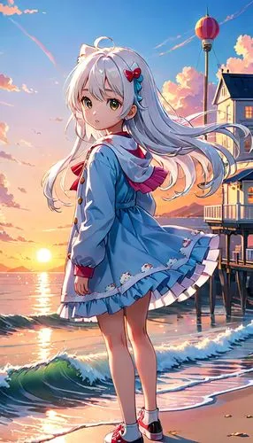 beach background,laffey,yukata,induna,ocean background,seaside,Anime,Anime,Realistic