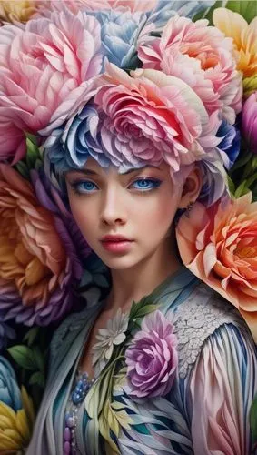 girl in flowers,girl in a wreath,flower painting,flower art,beautiful bonnet,fabric painting,peony,wreath of flowers,camellias,flower hat,paper flower background,rose wreath,flower wall en,porcelain rose,dahlia pinata,bodypainting,fabric flower,art painting,splendor of flowers,colorful roses