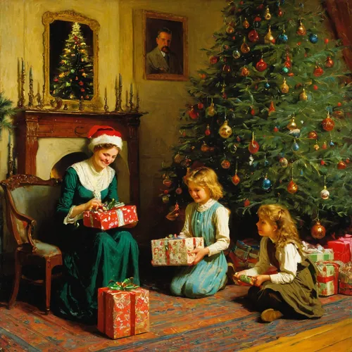 Capture the joy: A family opening presents in front of the Christmas tree.,christmas scene,vintage christmas,opening presents,the occasion of christmas,blonde girl with christmas gift,children's chris