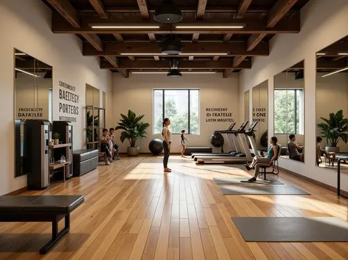 Modern fitness studio, minimalist decor, polished wooden floors, mirrored walls, high ceilings, spacious open areas, ergonomic exercise equipment, free weights, treadmills, yoga mats, motivational quo