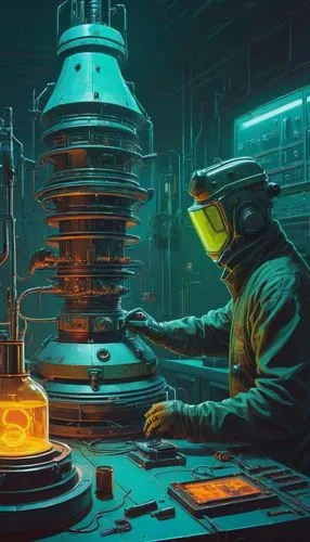 Horizon style, cyberpunk style, retro-futuristic, by Simon Stalenhag, {scientist assembles a compact nuclear reactor in the laboratory. perfect hands, perfect anatomy} . vintage sci-fi, 50s and 60s st