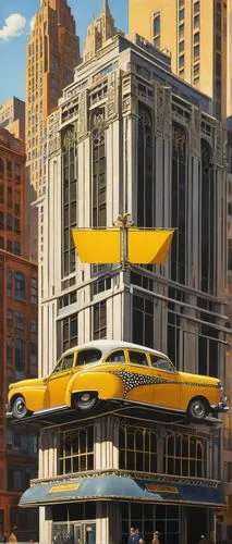 retro diner,sunstreaker,new york taxi,deora,art deco,pfister,pennzoil,cinerama,alchemax,drive in restaurant,mcquarrie,chrysler,yellow taxi,city corner,cityflyer,kimmelman,bumblebee,yellow car,skycar,apartment building,Illustration,Realistic Fantasy,Realistic Fantasy 04