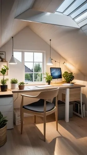 modern office,working space,wooden desk,writing desk,loft,creative office,apple desk,desk,scandinavian style,attic,smart home,modern room,daylighting,home office,office desk,work space,computer desk,cubic house,folding roof,standing desk,Photography,General,Realistic