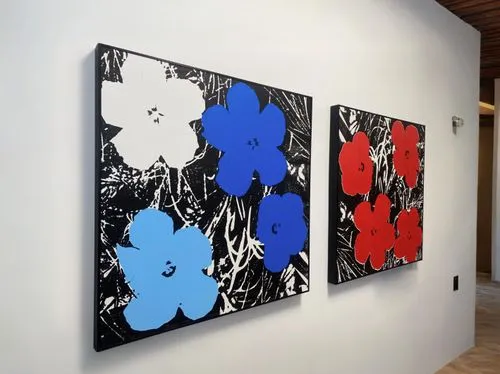 flower painting,mondriaan,riopelle,paintings,hirst,mondrian,minimalist flowers,blue leaf frame,marimekko,flower art,three flowers,blue daisies,blue painting,polyptych,popart,flower frames,blu flower,f