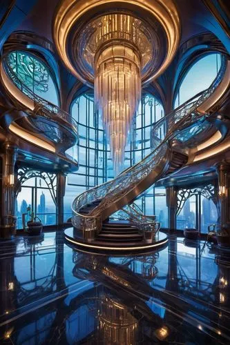 spiral staircase,largest hotel in dubai,circular staircase,futuristic architecture,luxury hotel,winding staircase,art deco,dragon palace hotel,futuristic art museum,emporium,spiral stairs,floor fountain,cochere,intercontinental,sea fantasy,spaceship interior,hotel w barcelona,staircase,hotel lobby,revolving,Illustration,Retro,Retro 13